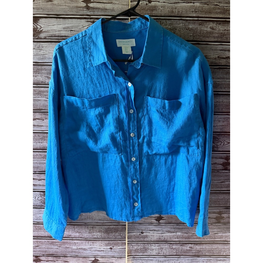 Cynthia Rowley Women's Long-Sleeved Button-Down Top Size M Blue Linen NWT